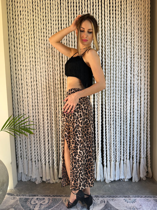 High Waist Animal Leopard Print Skirt with Legs Split