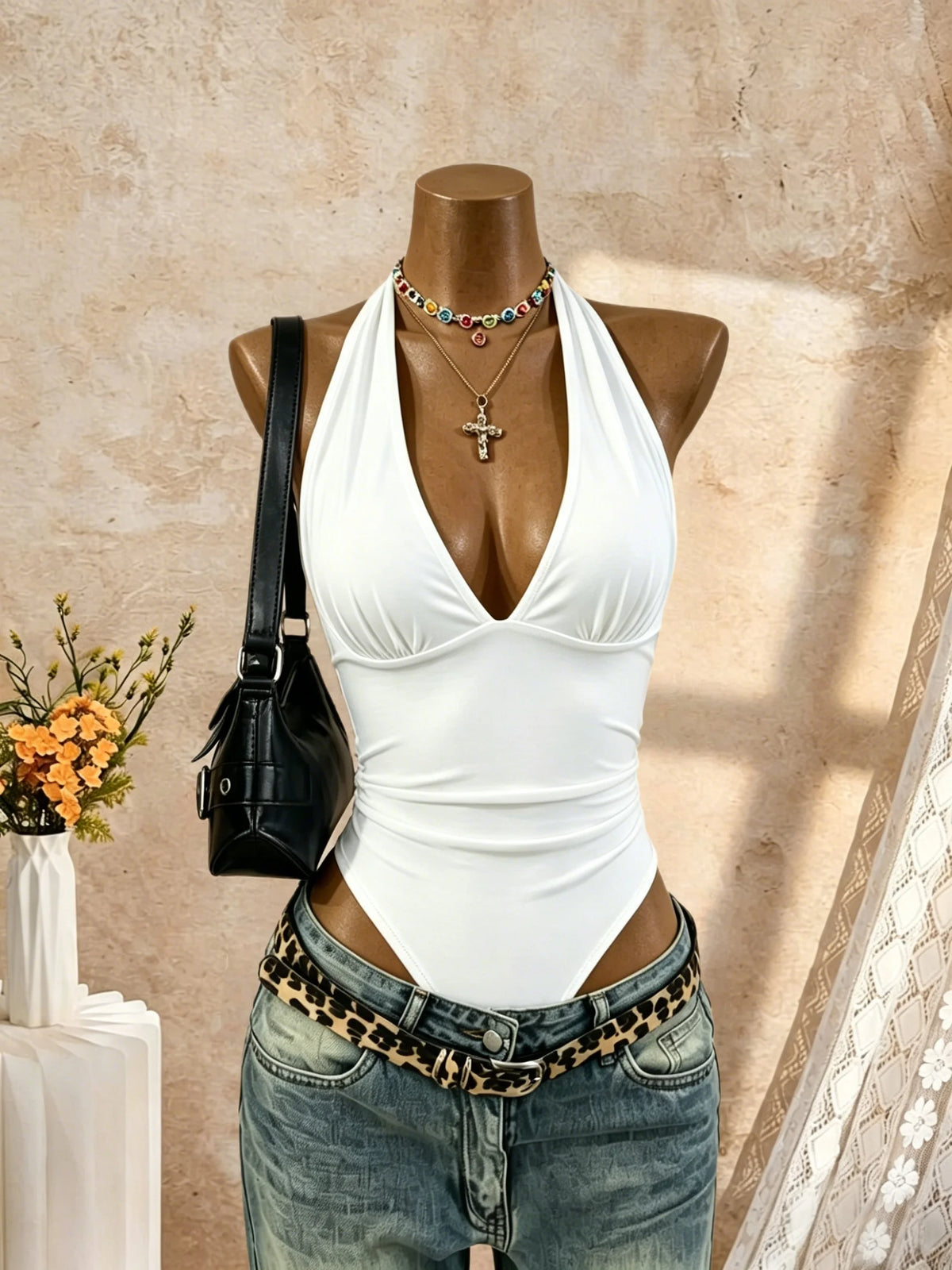 Halter Deep V Neck High Cut Bodysuit Slim Fit
