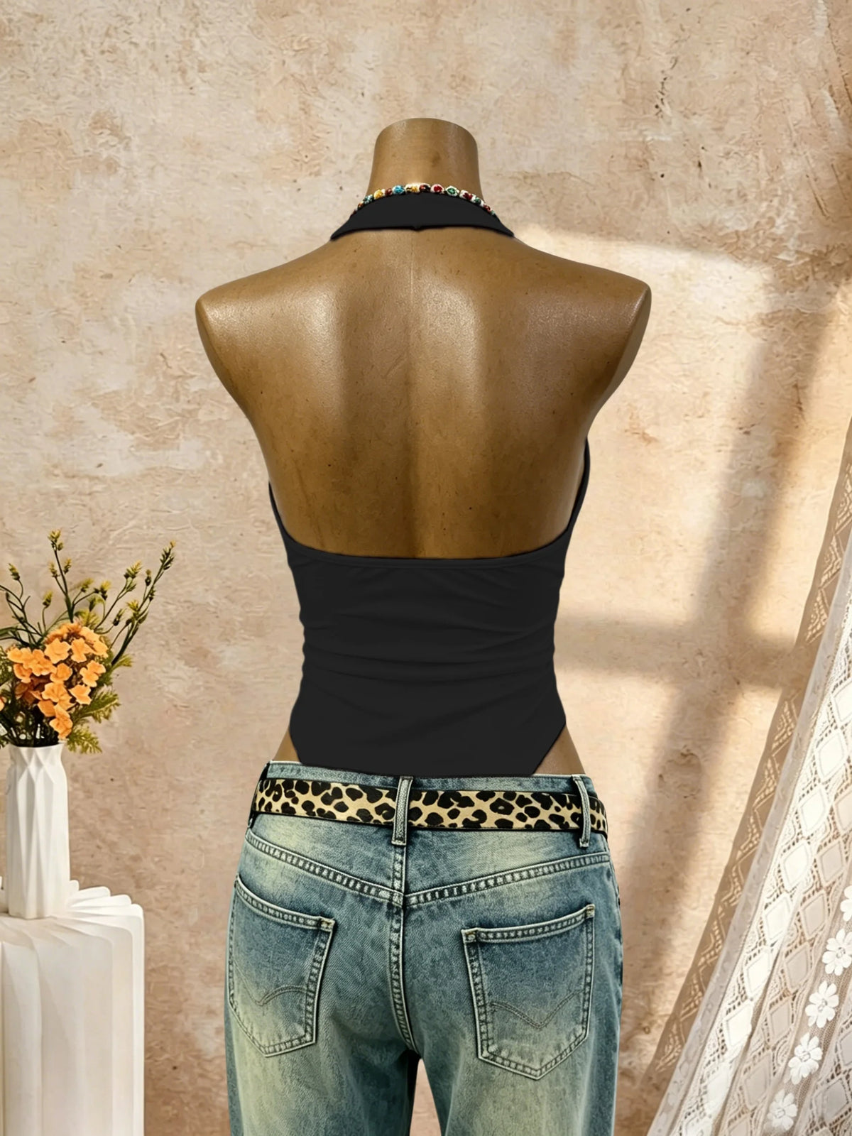 Halter Deep V Neck High Cut Bodysuit Slim Fit