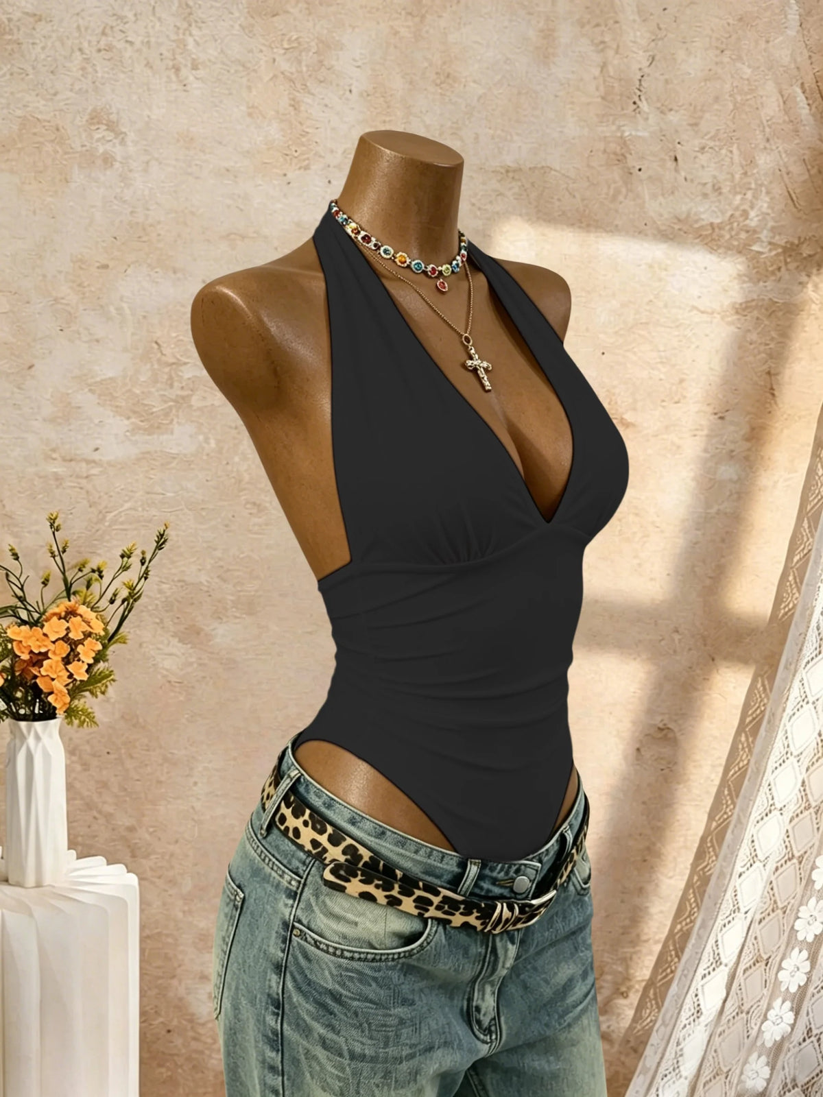 Halter Deep V Neck High Cut Bodysuit Slim Fit