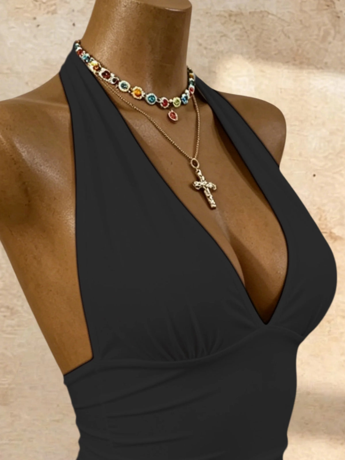 Halter Deep V Neck High Cut Bodysuit Slim Fit
